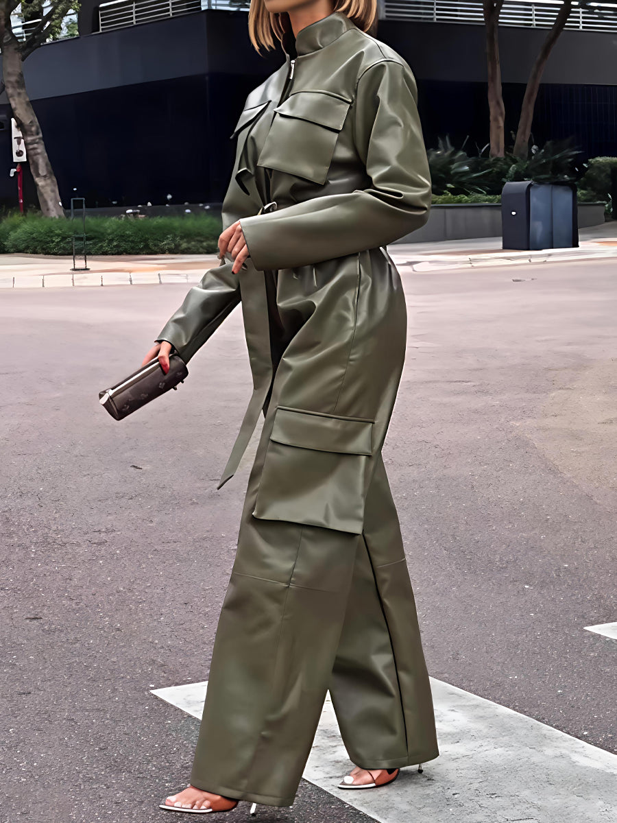 Faux Leather Cargo Straight Leg Jumpsuit