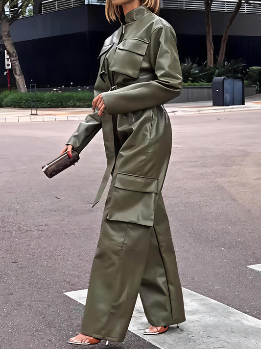 Faux Leather Cargo Straight Leg Jumpsuit