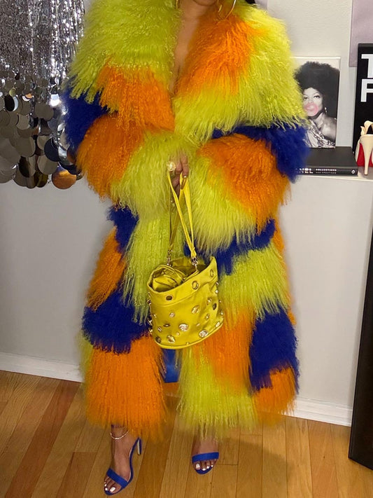 Wide Foldover Collar Fur Colorblock Coat