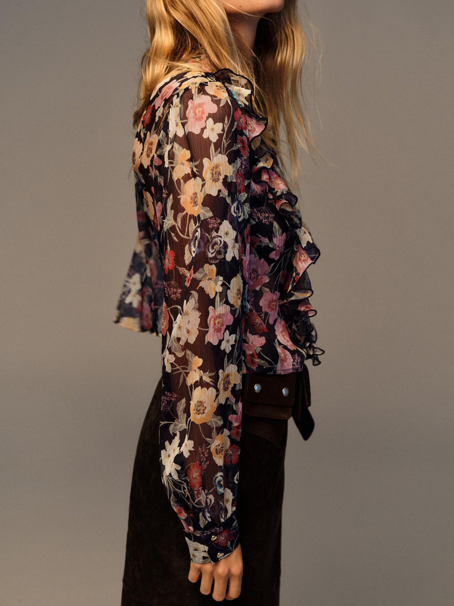 Ruffle Collar Floral Print Ruffled Blouse