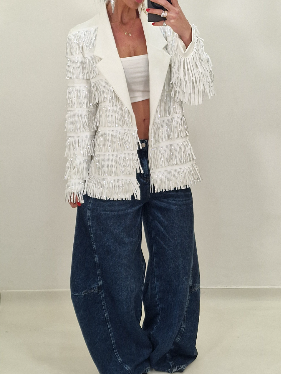 Notched Lapel Jacket With Rhinestone Tassel