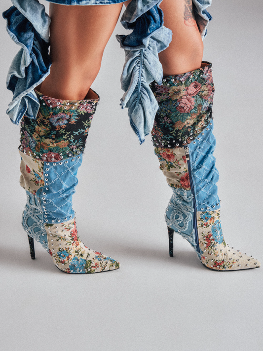 Denim Point-toe Pumps With Studs