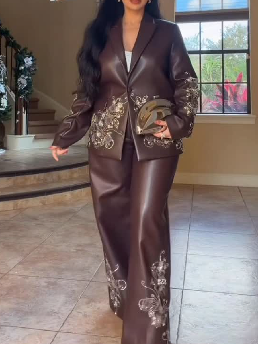 Solid Color Diamond Lasel Leather Suit