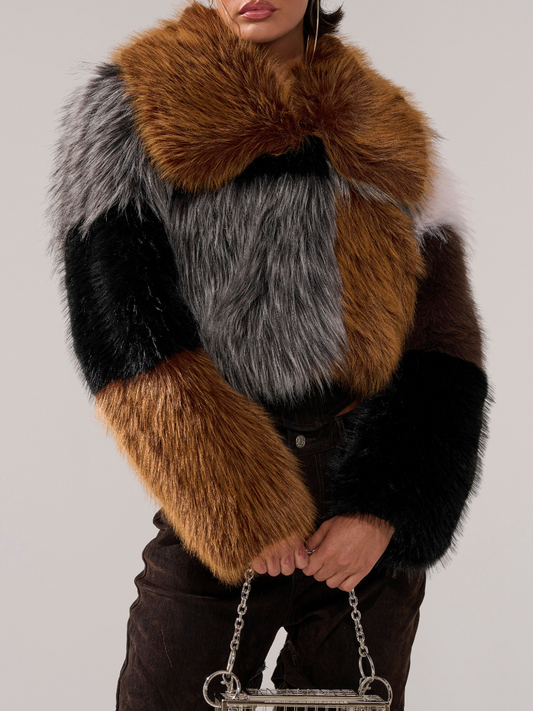 Multicolor Patchwork Design Faux Fur Coat
