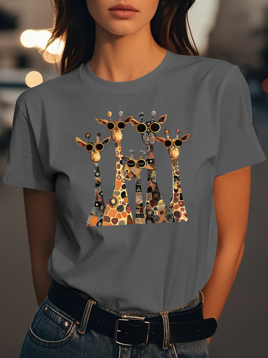Stylized Giraffes with Sunglasses Fashion women's pure cotton T-shirt short sleeves