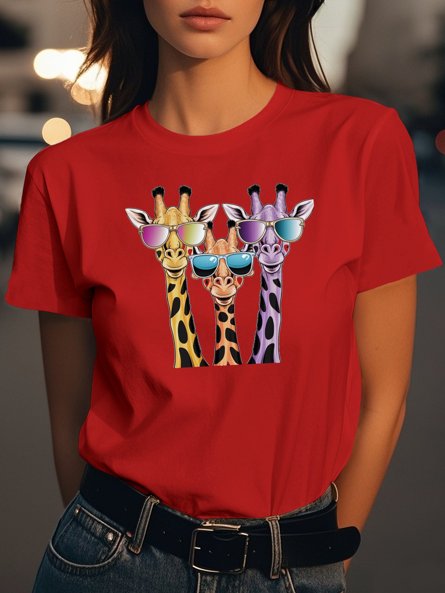 cartoon giraffes with sunglasses Fashion women's pure cotton T-shirt short sleeves