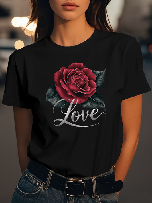 red rose with Love Fashion women's pure cotton T-shirt short sleeves