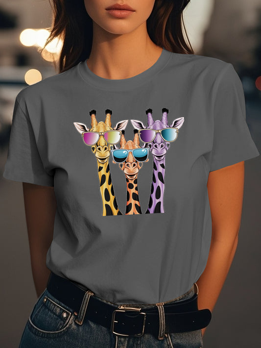 cartoon giraffes with sunglasses Fashion women's pure cotton T-shirt short sleeves