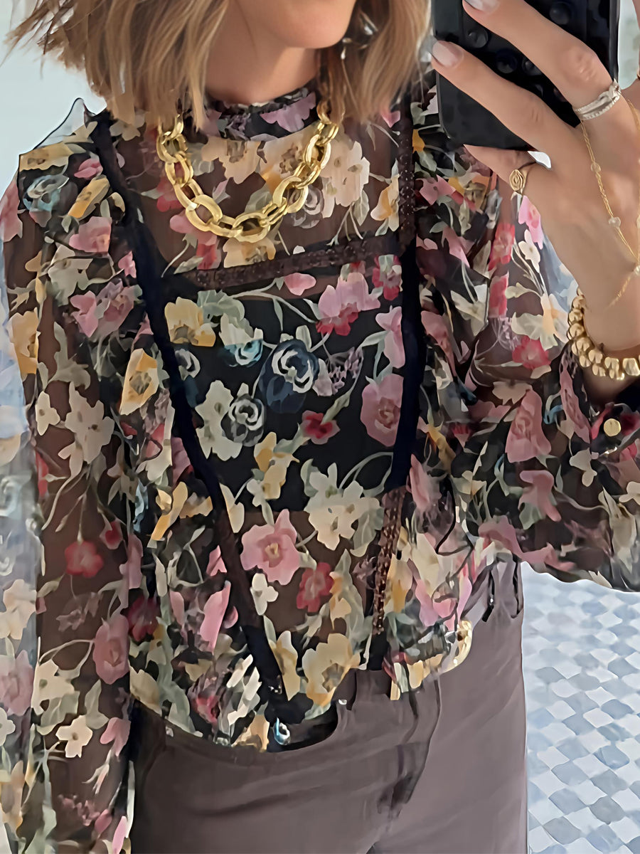 Ruffle Collar Floral Print Ruffled Blouse