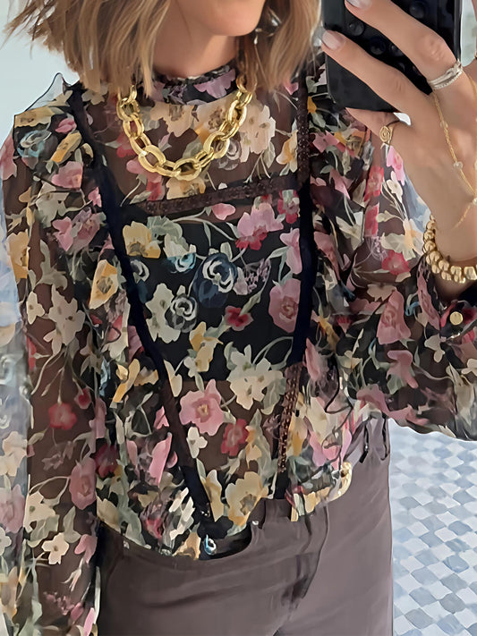 Ruffle Collar Floral Print Ruffled Blouse