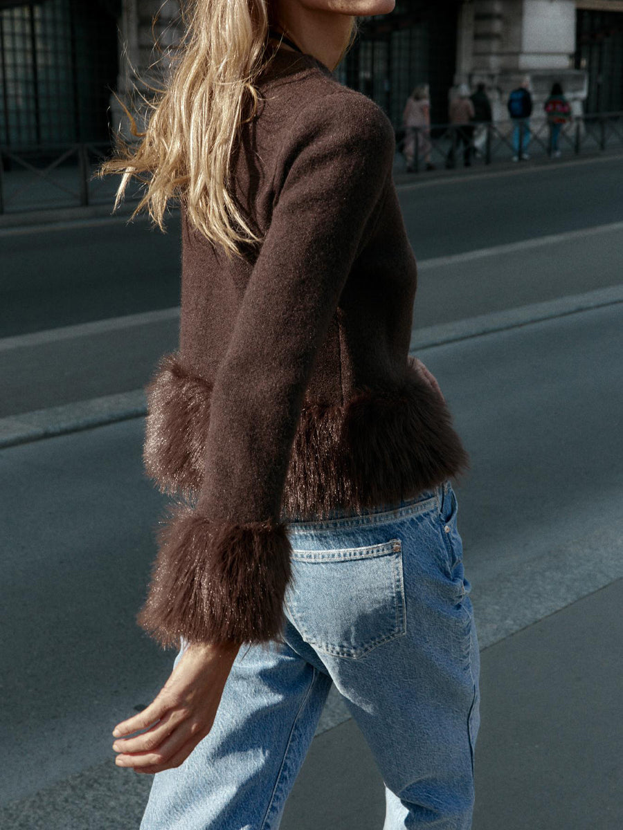 Faux Fur Patchwork Knit Cardigan