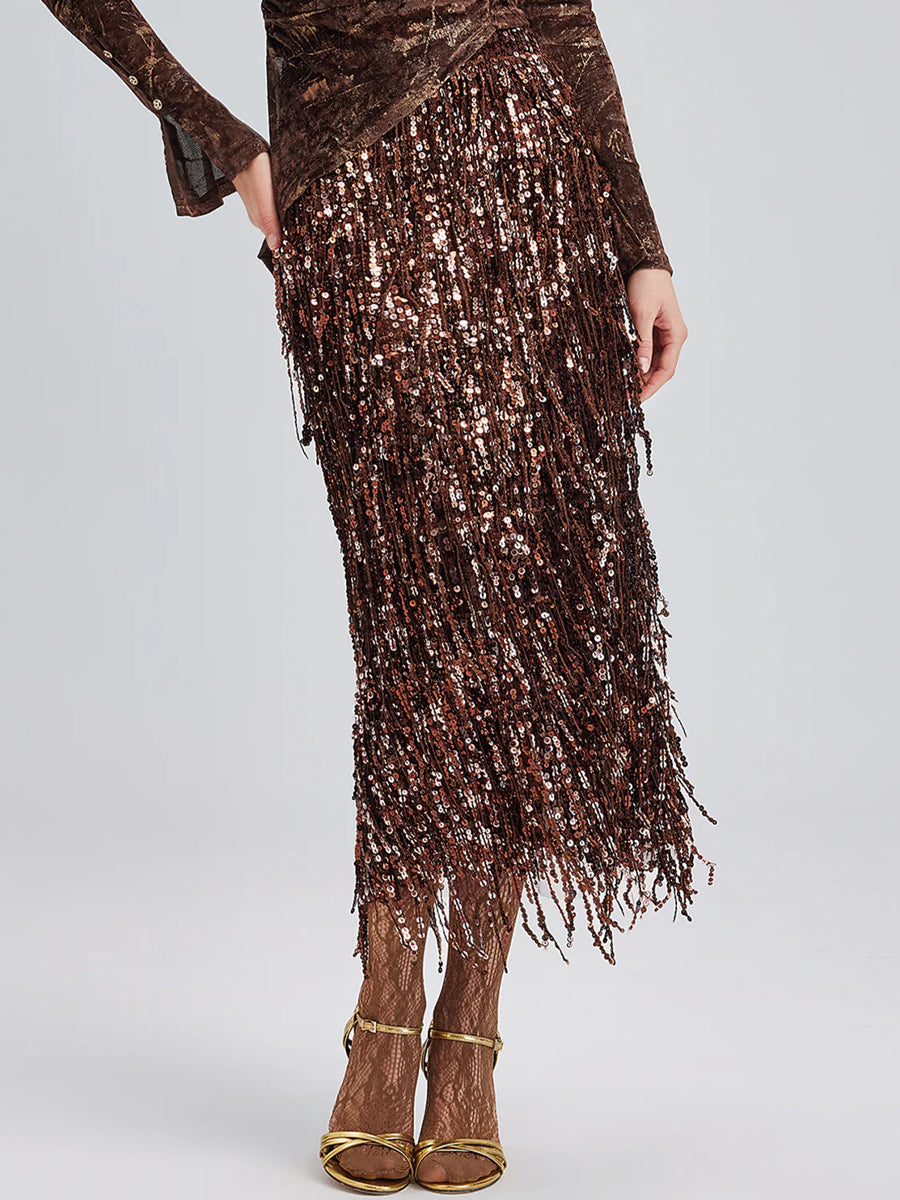 Tassel Sequin Slit Hem Midi Skirt