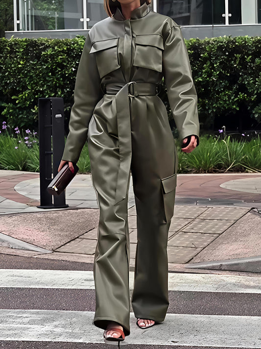 Faux Leather Cargo Straight Leg Jumpsuit