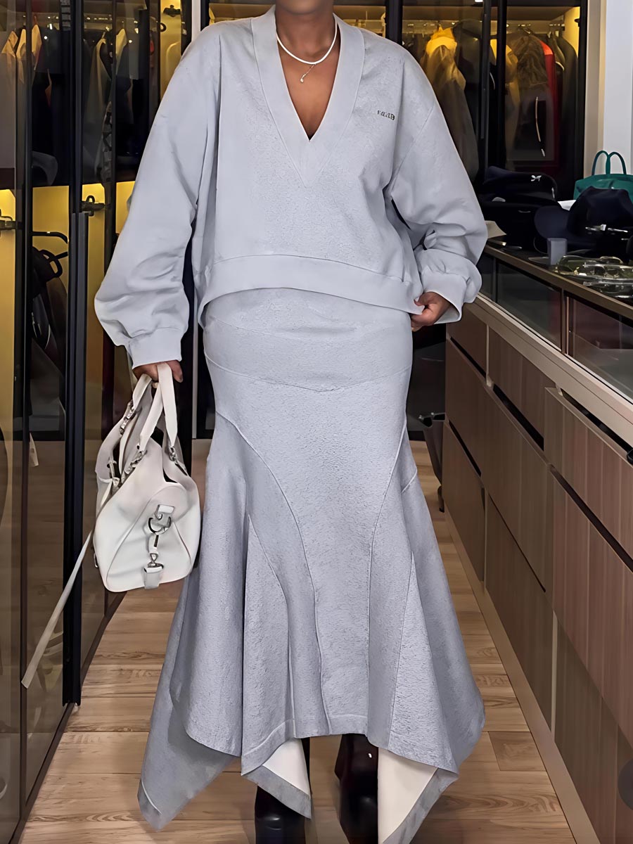 Fashion Patchwork V Neck Top & Mermaid Skirt