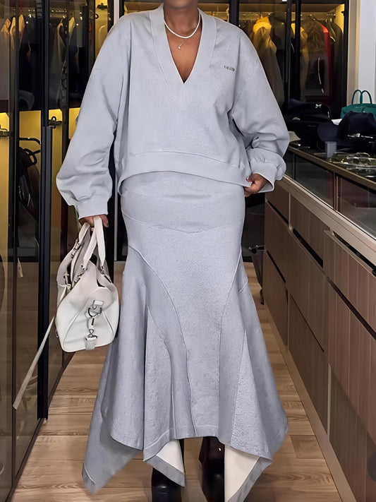 Fashion Patchwork V Neck Top & Mermaid Skirt