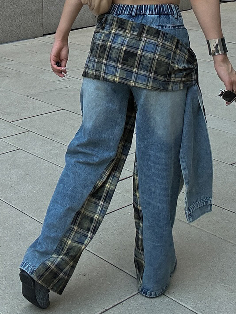 Check Print Patchwork Jeans