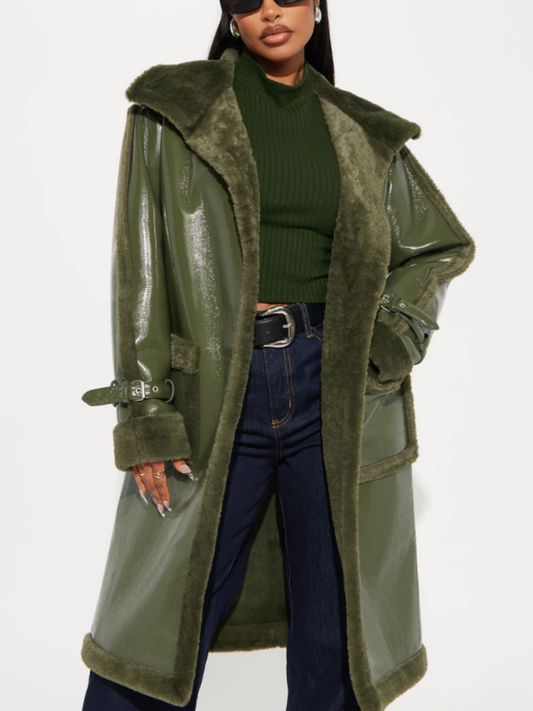Faux Patent Leather Plush-Trim Coat