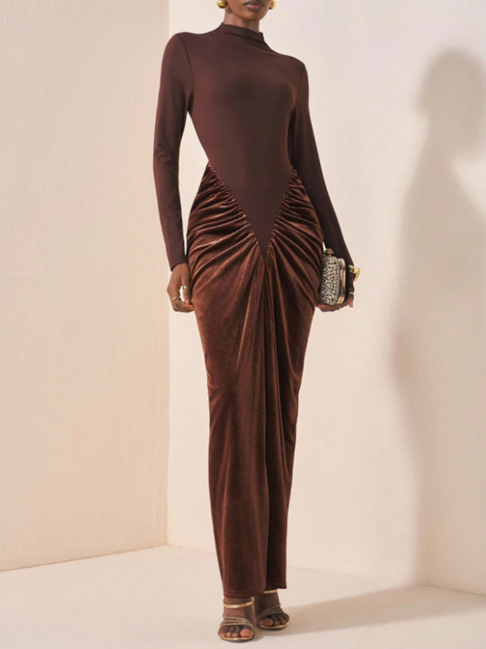 Velvet-Waist Pleated Dress