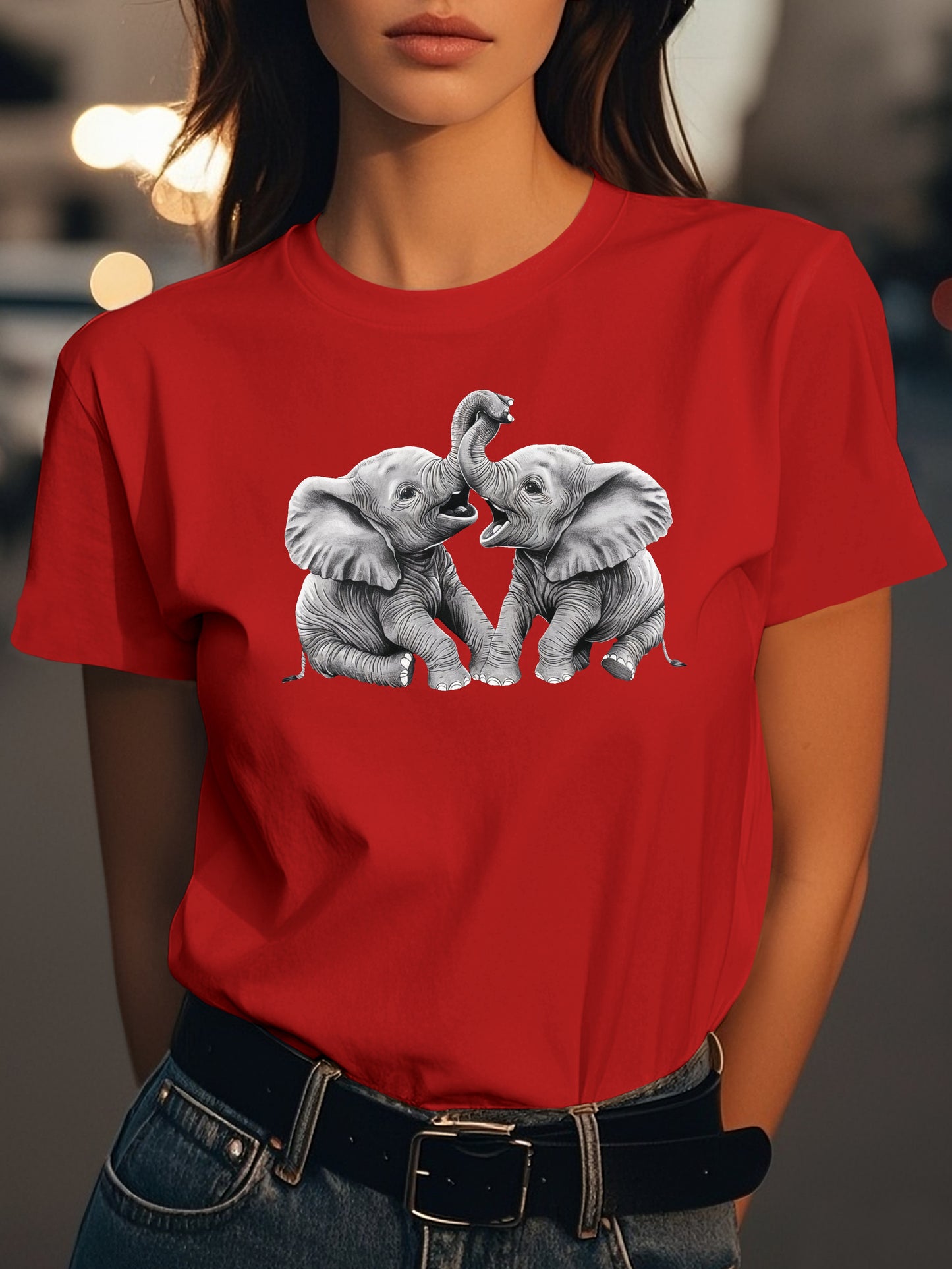 Two baby elephants playfully interacting Fashion women's pure cotton T-shirt short sleeves