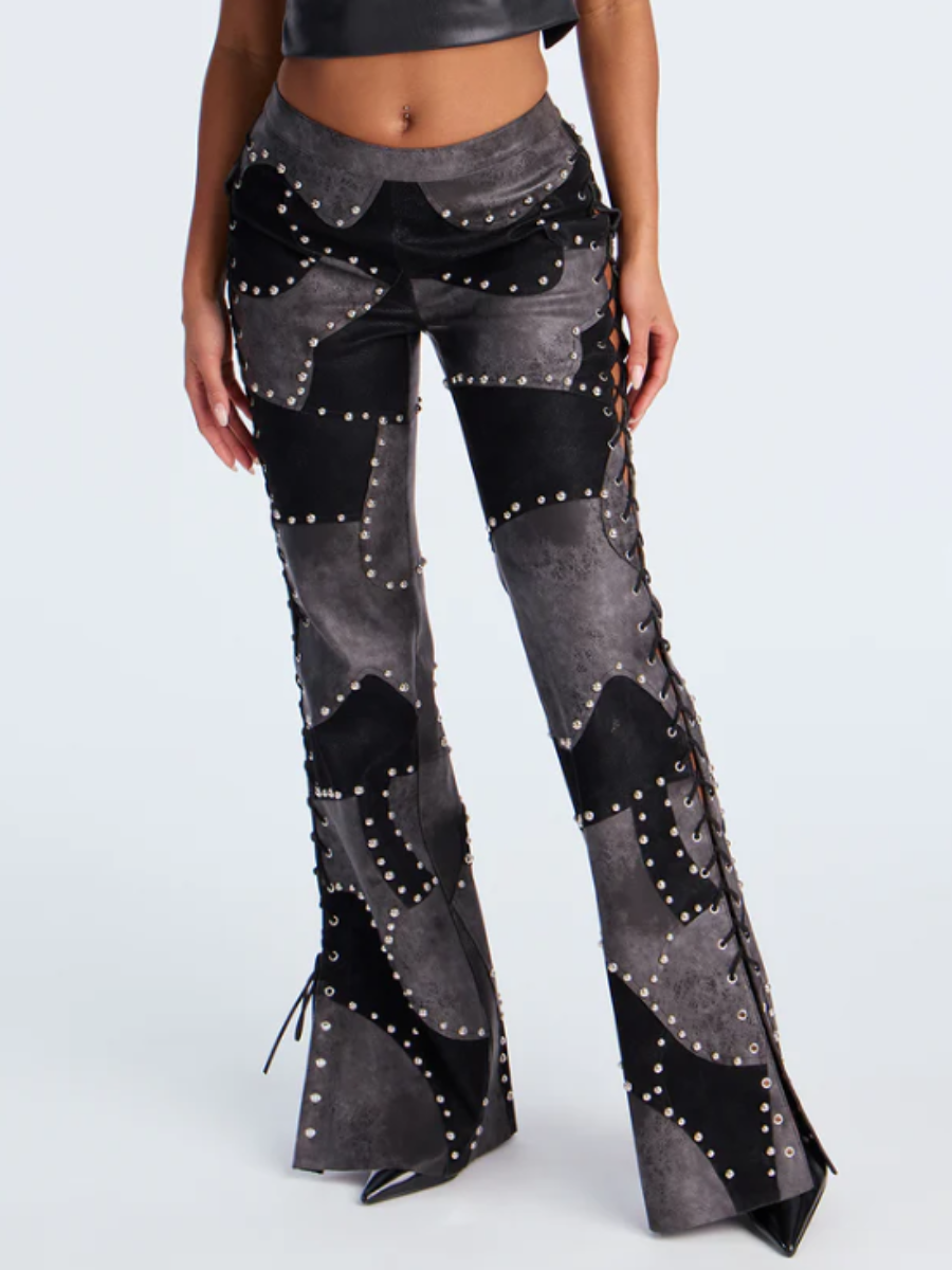 Faux-Leather Patchwork Flared Pants