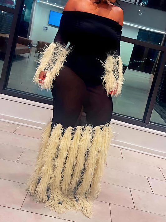Feather Tirm Off Shoulder See-through Maxi Dress