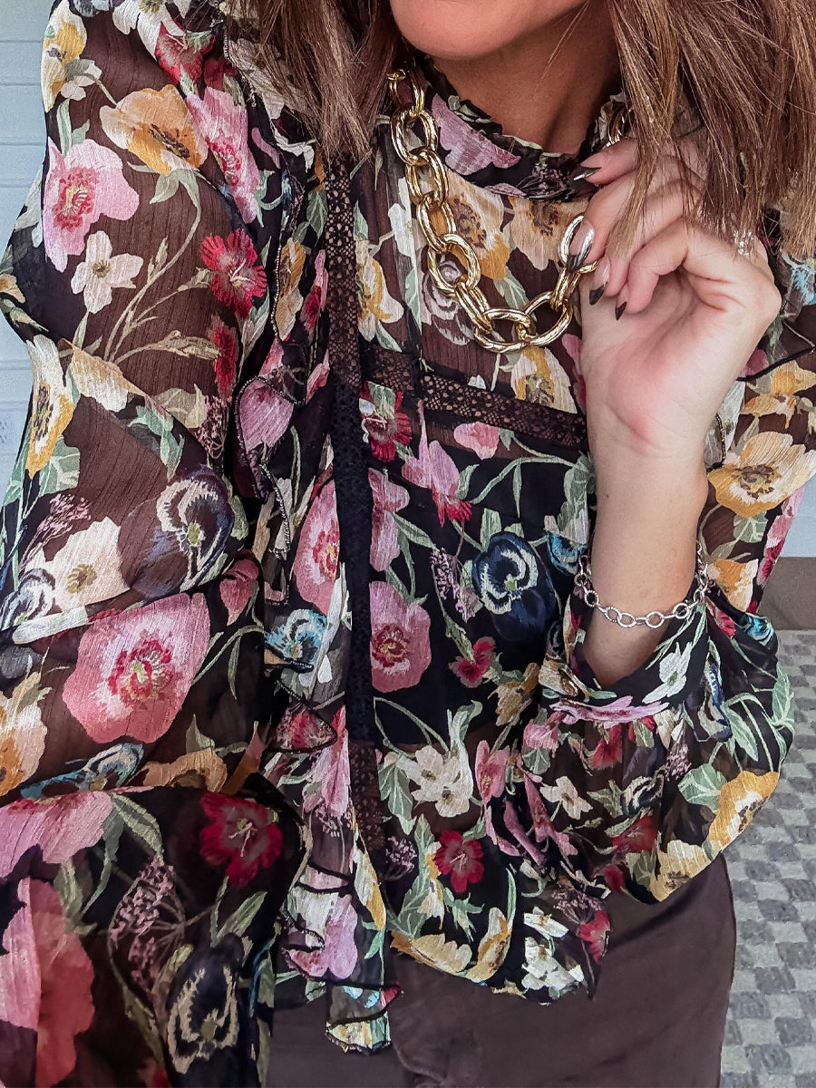 Ruffle Collar Floral Print Ruffled Blouse