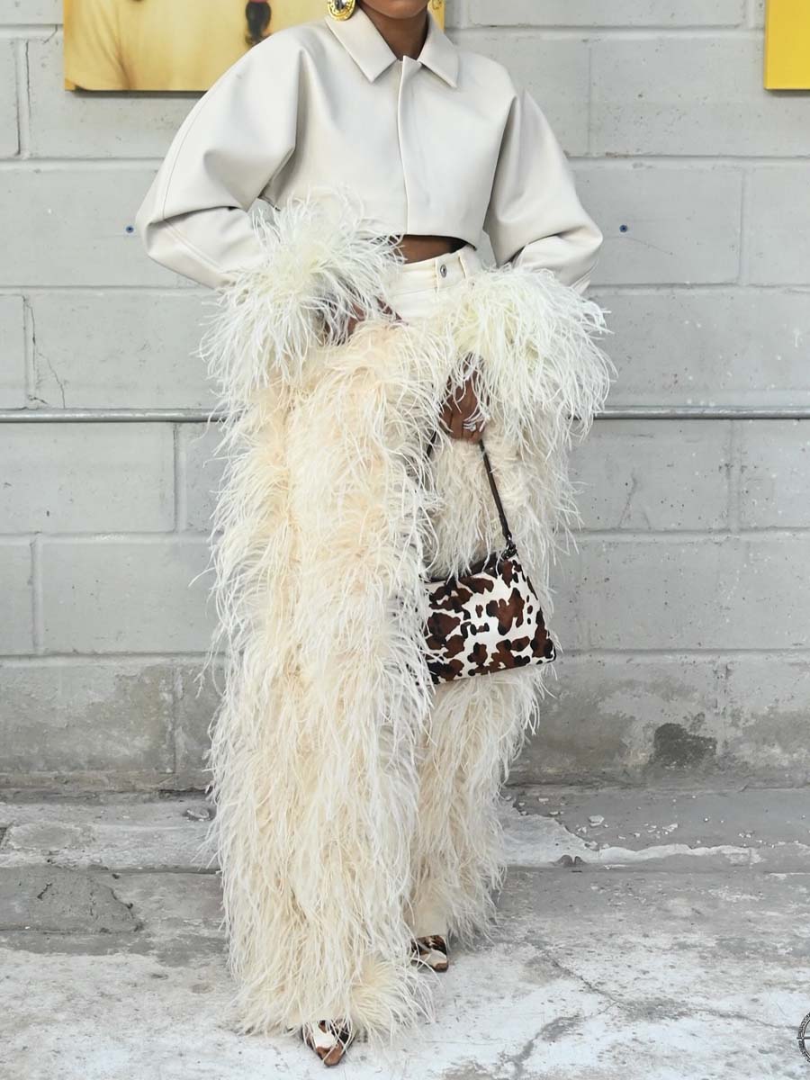 Feather Decoration Fashion Cropped Blazer & Pants