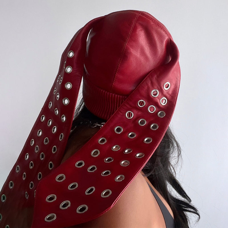Knitted Patchwork PU Eyelet Detail Hat