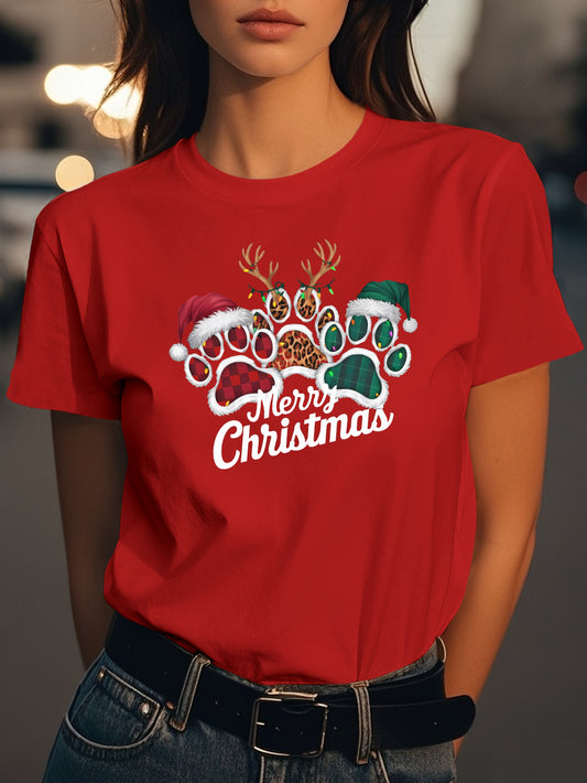 Merry Christmas paw prints Fashion women's pure cotton T-shirt short sleeves