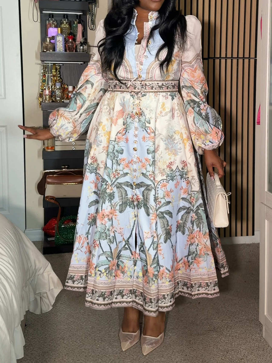 Printed Stand Collar Button Dress