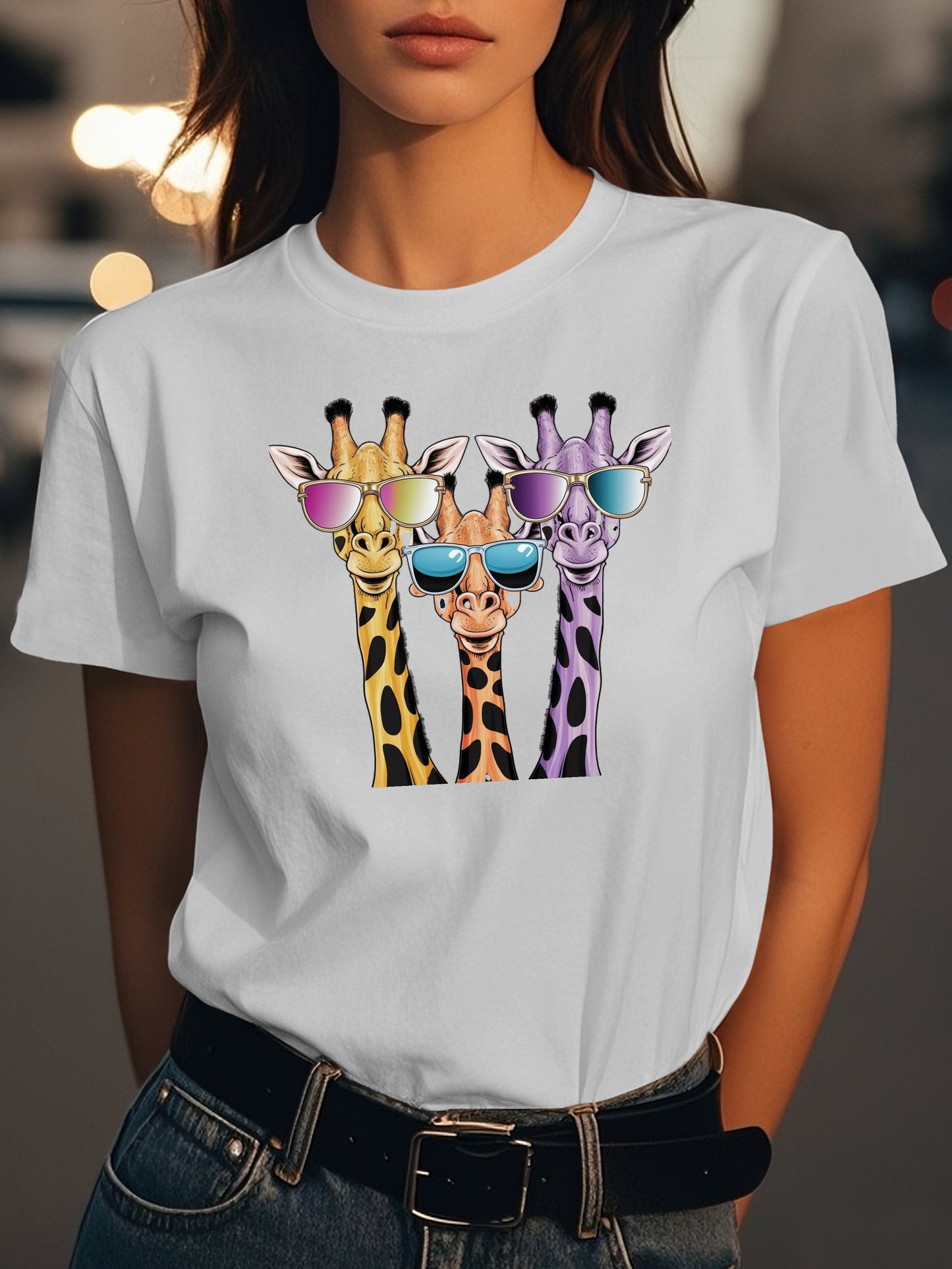 cartoon giraffes with sunglasses Fashion women's pure cotton T-shirt short sleeves