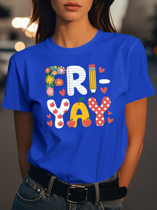 playful vibrant FRI YAY illustration Fashion women's pure cotton T-shirt short sleeves