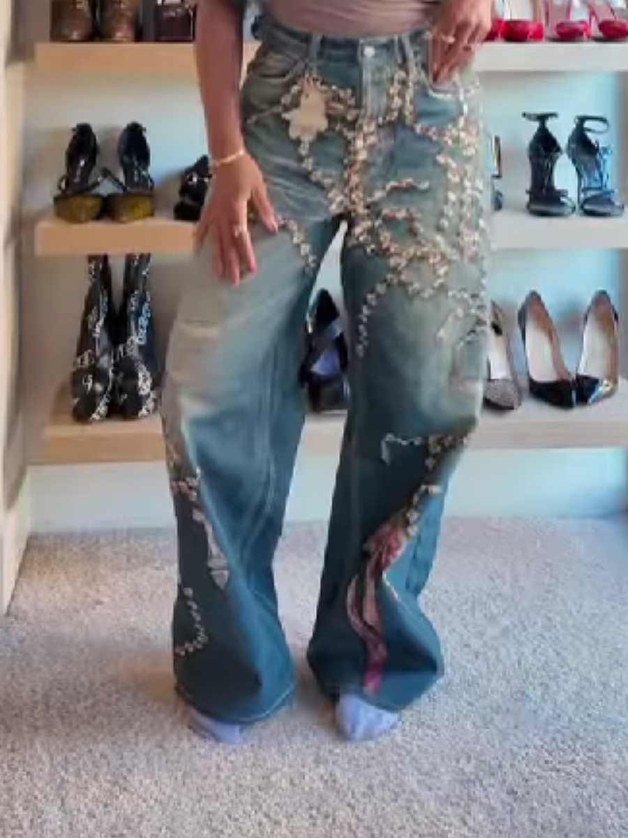 Crystal And Bow Clone Print Jeans