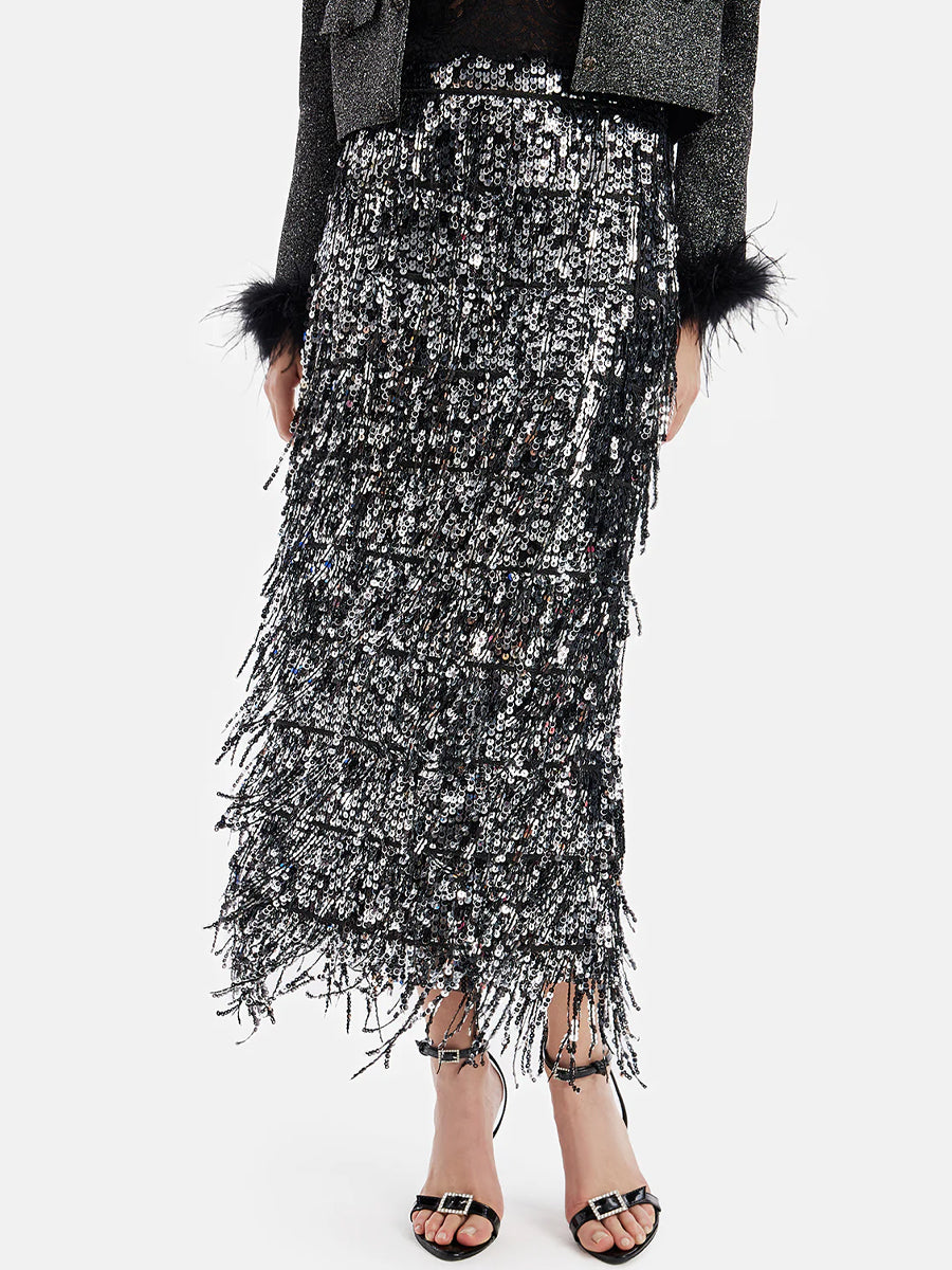 Tassel Sequin Slit Hem Midi Skirt