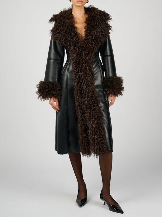 Coat In Vegan Leather With Curly Contrast Fur