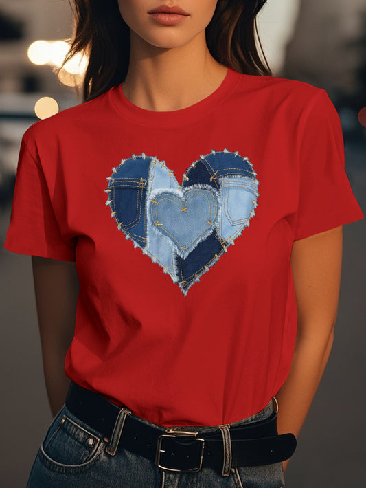 Heart shaped denim patches Fashion women's pure cotton T-shirt short sleeves