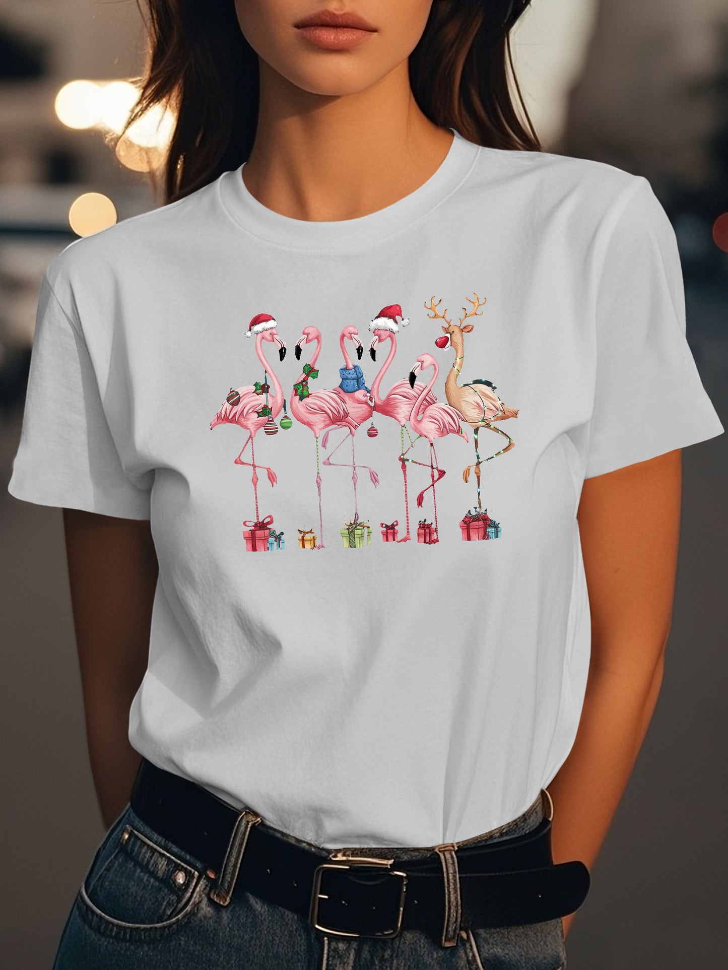 Christmas Flamingos Fashion women's pure cotton T-shirt short sleeves