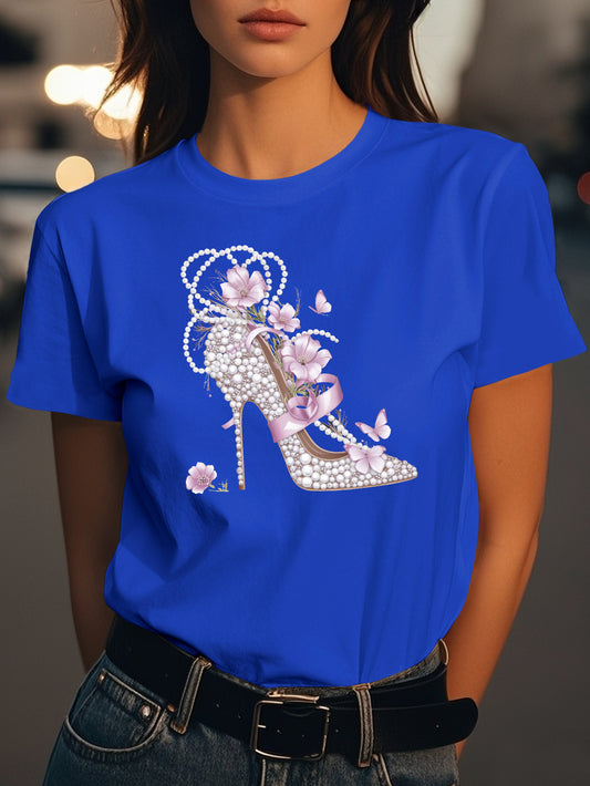 High heeled shoe with pearls Fashion women's pure cotton T-shirt short sleeves