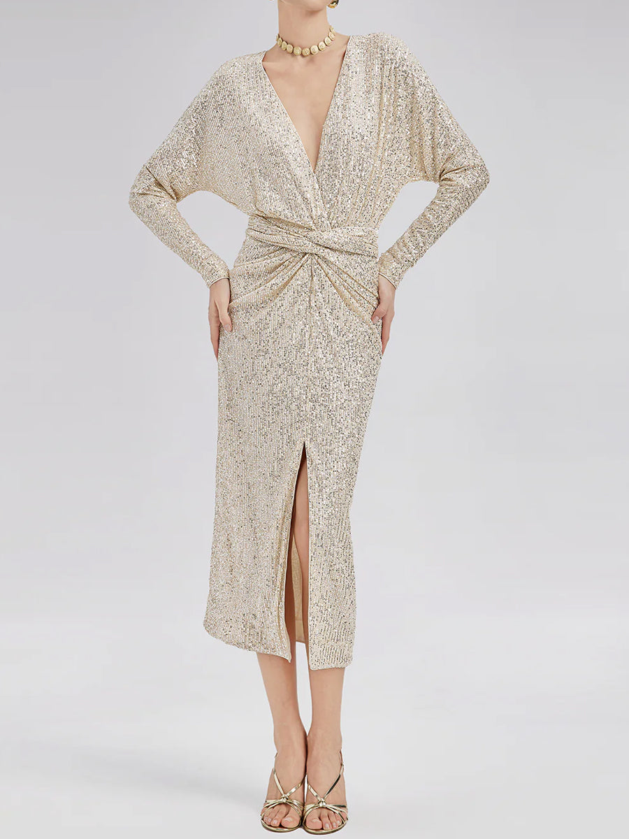 Elegant V Neck High Slit Sequin Dress