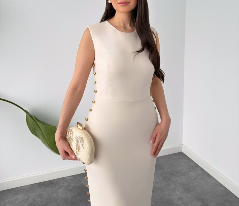 Cream Studded Sleeveless Bodycon Maxi Dress