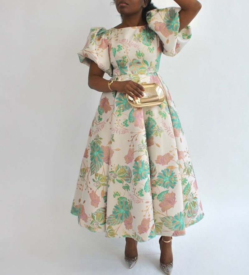 Elegant Floral Puff Sleeve Swing Dress