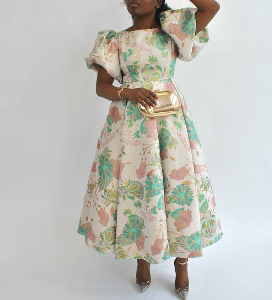 Elegant Floral Puff Sleeve Swing Dress