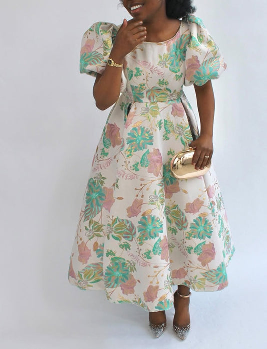 Elegant Floral Puff Sleeve Swing Dress