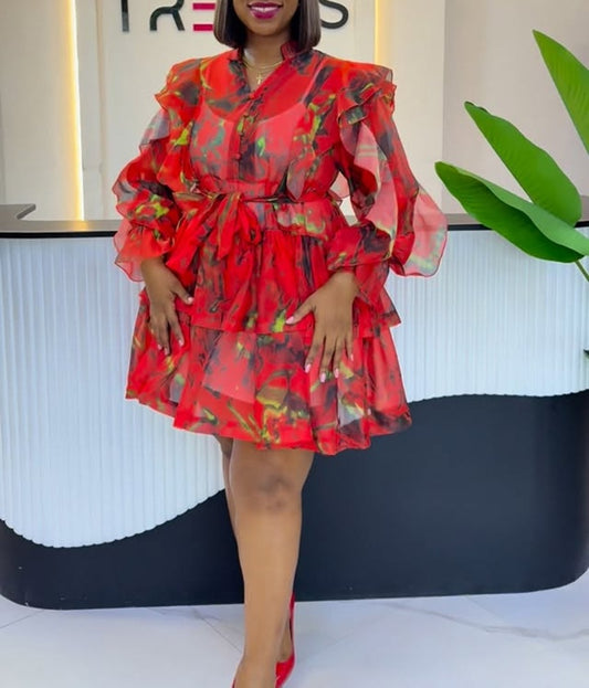 Floral Print Bell Sleeve Tiered Ruffle Mini Dress