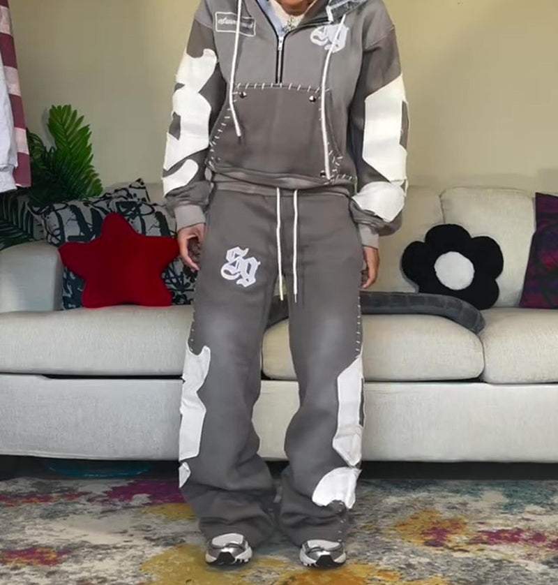 Hooded Embroidered Drawstring Waist Two Pieces Set