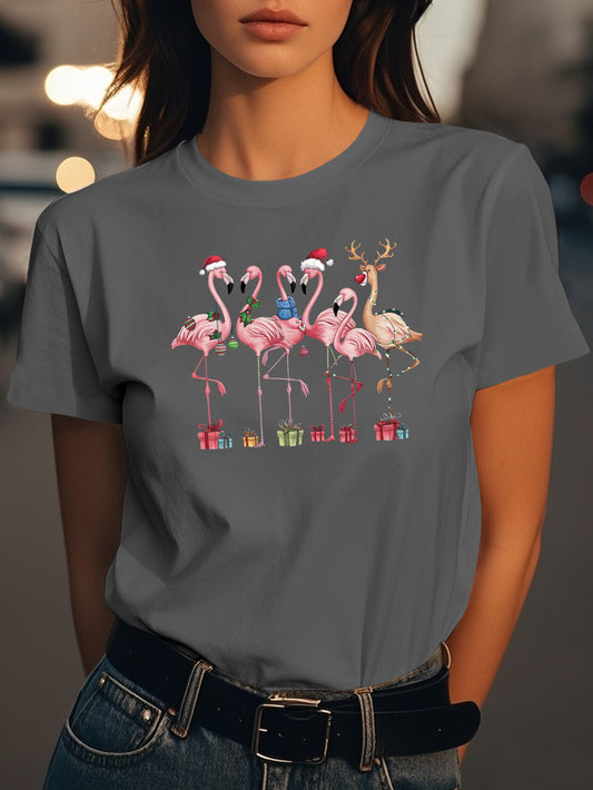 Christmas Flamingos Fashion women's pure cotton T-shirt short sleeves