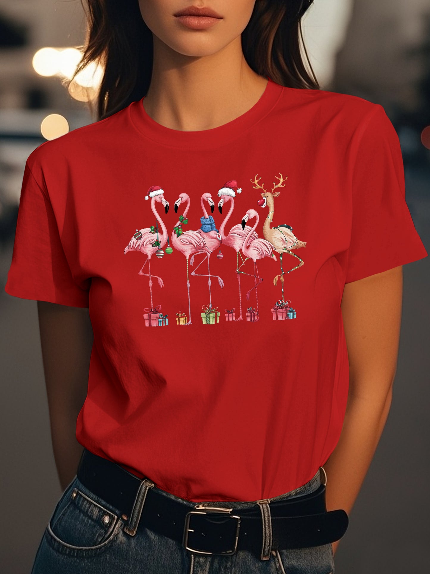 Christmas Flamingos Fashion women's pure cotton T-shirt short sleeves