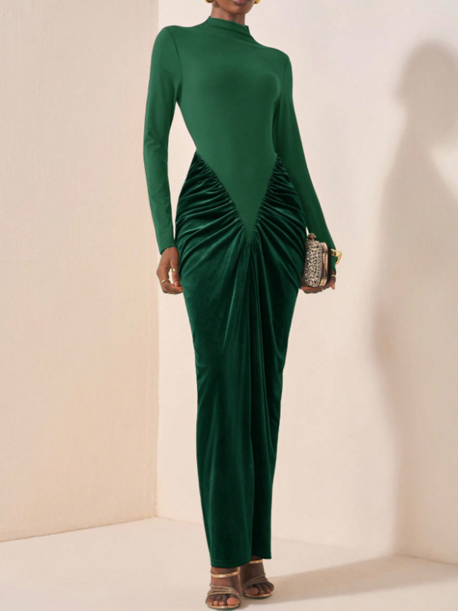 Velvet-Waist Pleated Dress