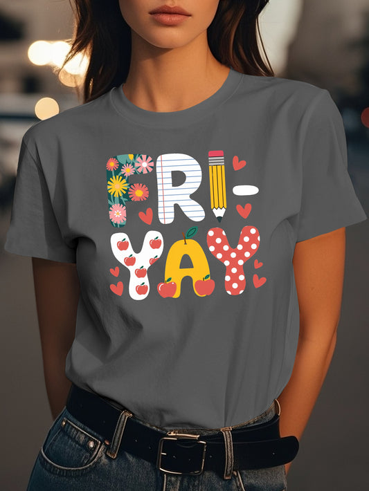 playful vibrant FRI YAY illustration Fashion women's pure cotton T-shirt short sleeves