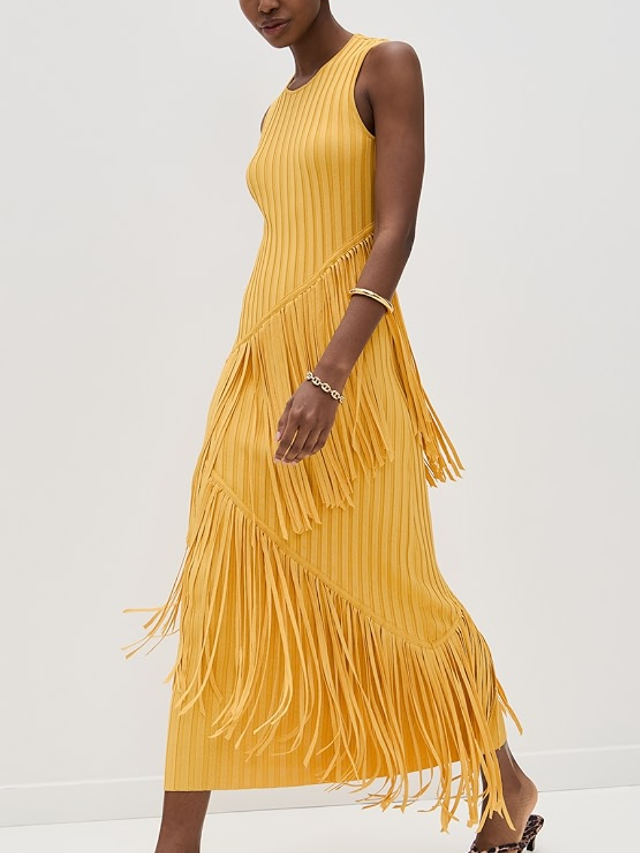 Rib-Knit Asymmetrical Fringed Dress